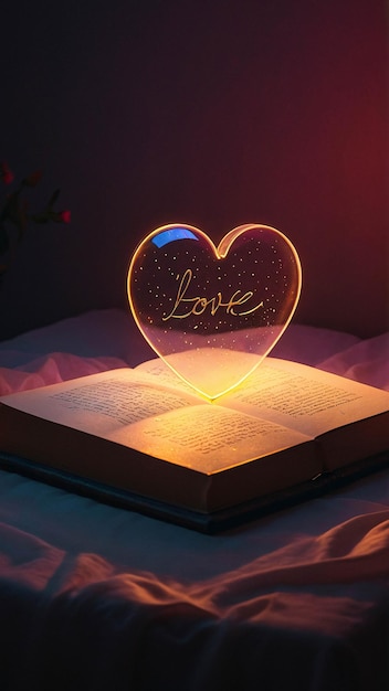 Lampada d'amore luminosa con libro aperto Romantica e calda sfumatura confortevole in una stanza per la lettura