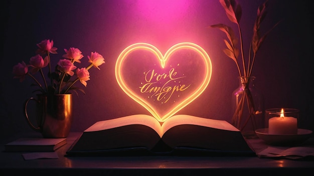 Lampada d'amore luminosa con libro aperto Romantica e calda sfumatura confortevole in una stanza per la lettura