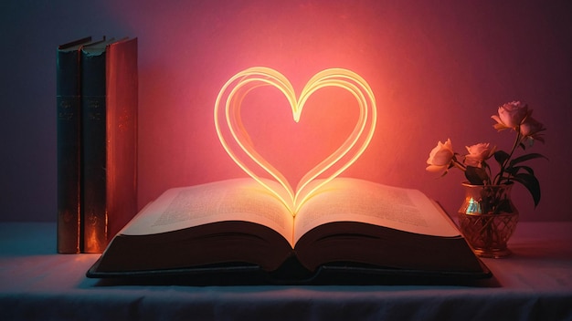 Lampada d'amore luminosa con libro aperto Romantica e calda sfumatura confortevole in una stanza per la lettura