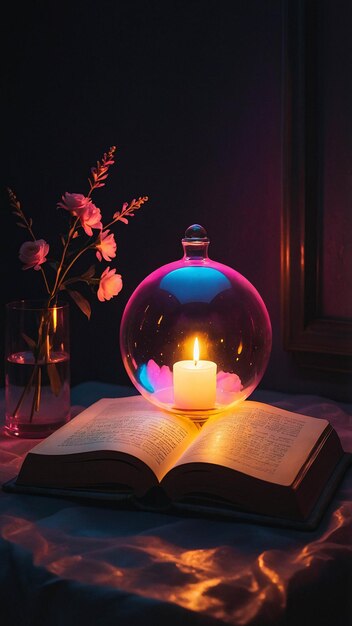 Lampada d'amore luminosa con libro aperto Romantica e calda sfumatura confortevole in una stanza per la lettura