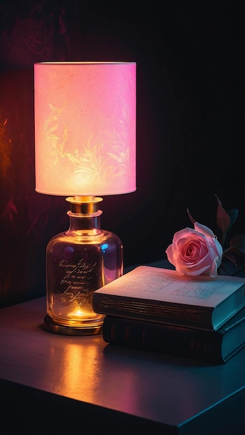 Lampada d'amore luminosa con libro aperto Romantica e calda sfumatura confortevole in una stanza per la lettura