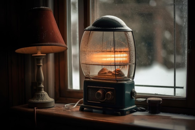 Lampada da tavolo che proietta una luce calda accanto a una finestra con vista IA generativa