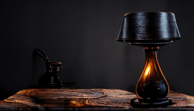 Lampada da tavolo in colori scuri su un tavolo di legno su sfondo scuro. Modellazione 3D