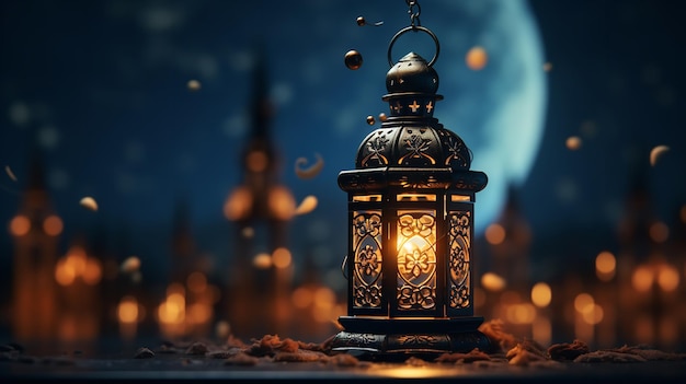 Lampada del Ramadan nel deserto con la luna Generative Ai