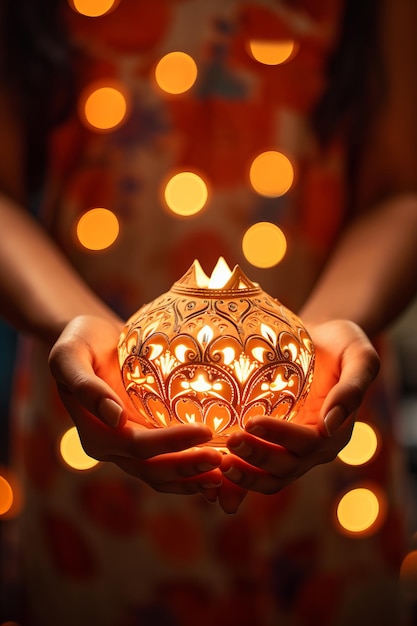 Lampada di argilla di Diwali in mano di donna Felice celebrazione di Diwali