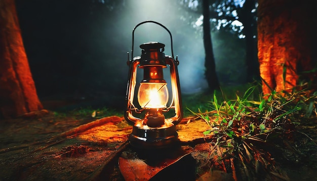 Lampada di lanterna a olio di benzina d'epoca che brucia con una luce di bagliore morbido in un bosco scuro