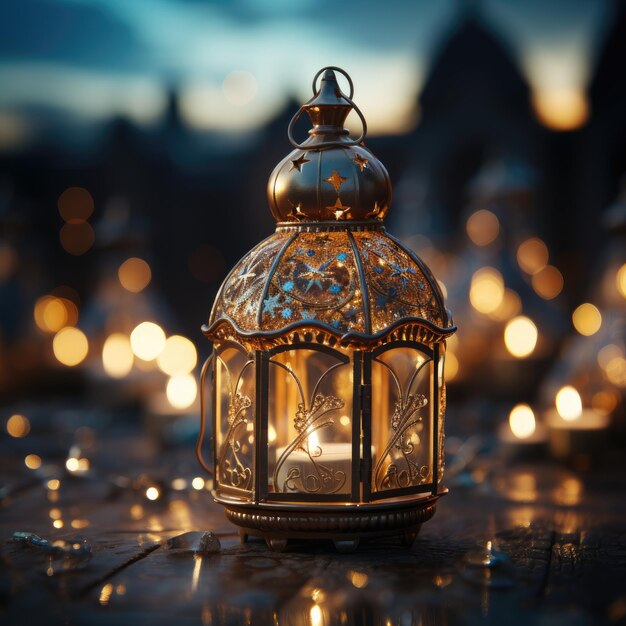 Lampada illuminata di Ramadan Kareem Lanterna con sfondo moschea serena