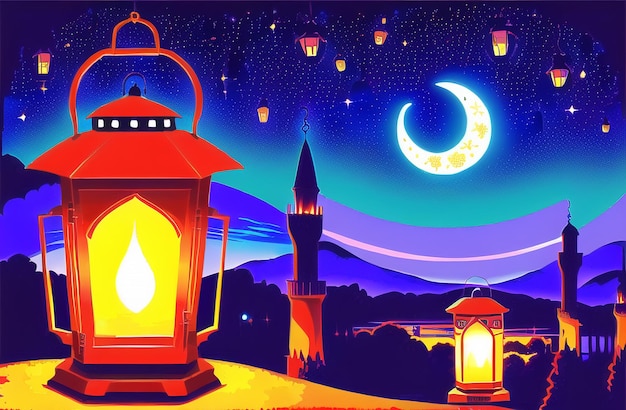 Lampada lanterna islamica per Ramadan Kareem Eid Saluti per il festival musulmano del digiuno generato dall'intelligenza artificiale