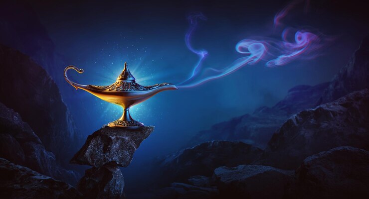 Foto lampada magica dorata su sfondo luminoso e blu