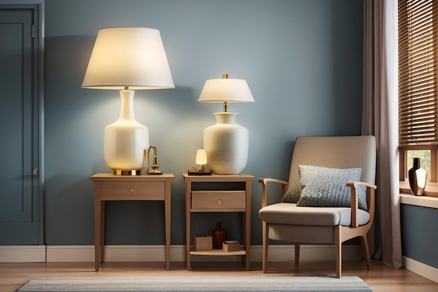 Lampada per illuminazione domestica, composizione realistica per interni con mobili di design e vaso con lampada da terra e armadietto