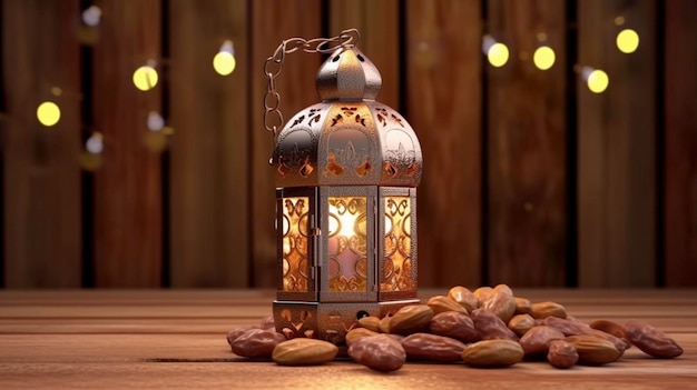 Lampada Ramadan e date su sfondo di legno Lanterna orientale AI generativa