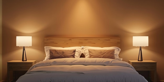 lampada su un comodino di legno nella camera da letto AI generativa