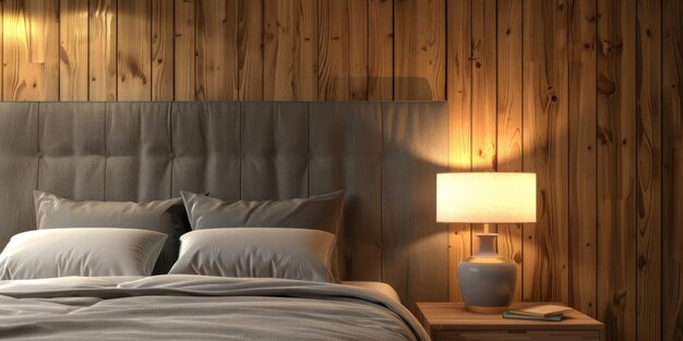 lampada su un comodino di legno nella camera da letto AI generativa