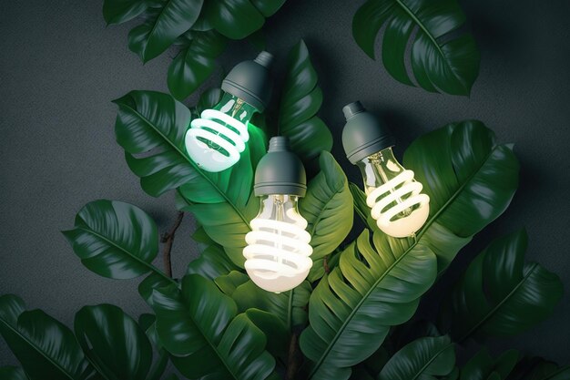 Lampade a LED con concetto di energia ECO a foglia verde