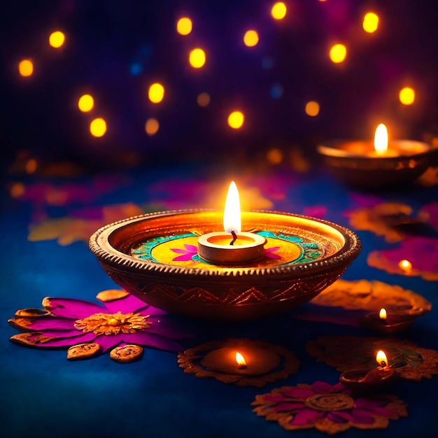 Lampade a olio accese su colorati rangoli durante la celebrazione di Diwali Ai Generato