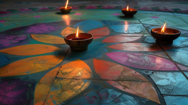 Lampade a olio accese su colorati rangoli durante la celebrazione di Diwali