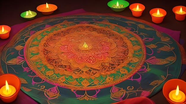 Lampade a olio accese su colorati rangoli durante la celebrazione di Diwali