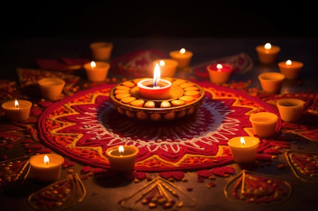 Lampade accese durante la celebrazione diwali Candele accese in modelli rangoli Illustrazione generata dall'intelligenza artificiale