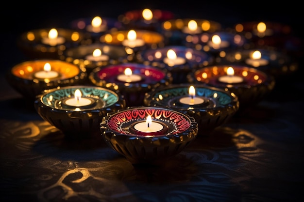 Lampade ad olio e candele accese di notte durante la celebrazione del Diwali