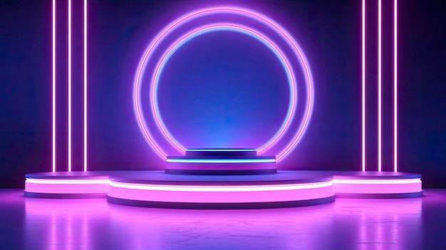 Lampade al neon viola sul podio digitale futuristico della scena vuota