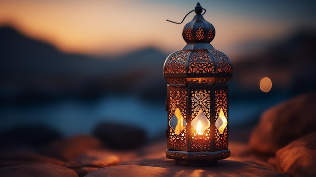 Lampade del Ramadan nella sabbia al crepuscolo nel deserto AI generativa