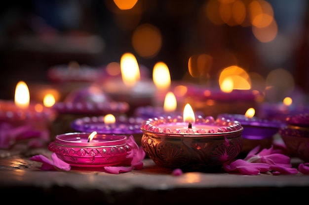 Lampade diya accese sullo sfondo del festival Diwali