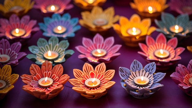 Lampade Diya in argilla colorata con fiori sul retro viola