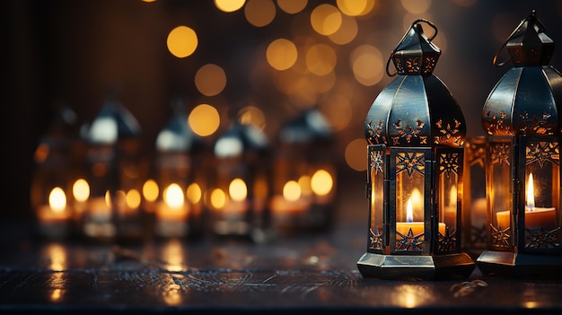 Lampade o lanterne Eid per il ramadan e altre festività musulmane islamiche con spazio per la copia del testo generato