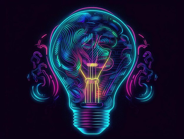 Lampadina astratta in stile neon illustrazione su sfondo nero IA generativa