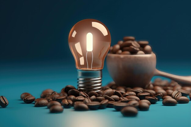 Lampadina chicchi di caffè su sfondo colorato AI generato