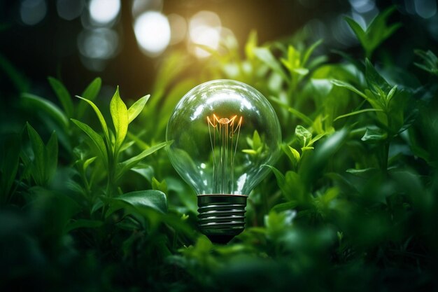 Lampadina con impianto verde, risparmio energetico e concetti ambientali