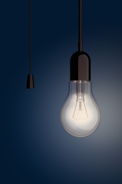 Lampadina con interruttore a cavo su sfondo blu. Rendering 3D