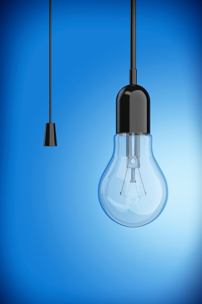 Lampadina con interruttore a cavo su sfondo blu. Rendering 3D