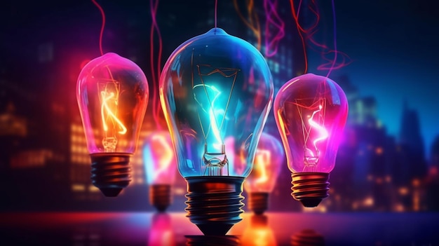 Lampadina con luci al neon astratto sfondo incandescente illustrazione digitale