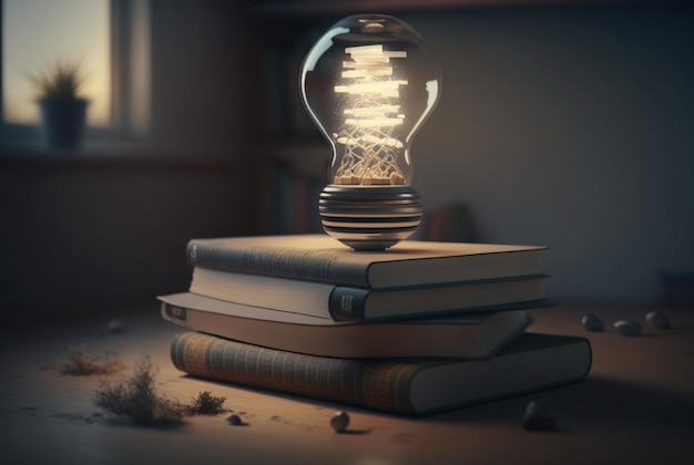 Lampadina con pila di libri concettuali per ispirazione innovazione creatività attraverso la lettura Ai generativa