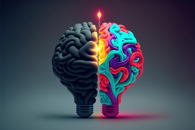 lampadina creativa cervello scuro e colorato su sfondo scuro illustrazione 3d per un potente gene idea