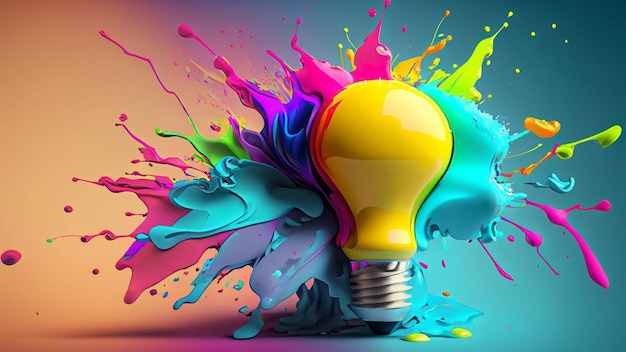 Lampadina creativa con esplosione di colore della vernice generata dall'intelligenza artificiale