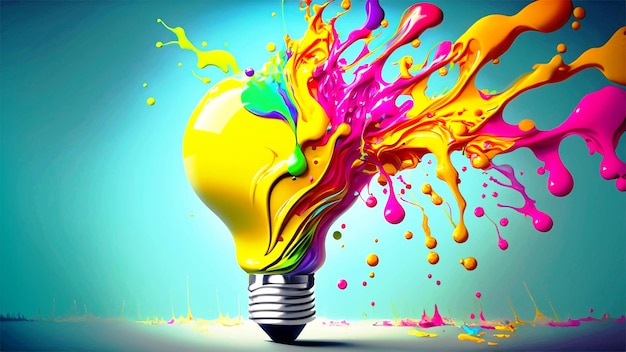 Lampadina creativa con esplosione di colore della vernice generata dall'intelligenza artificiale