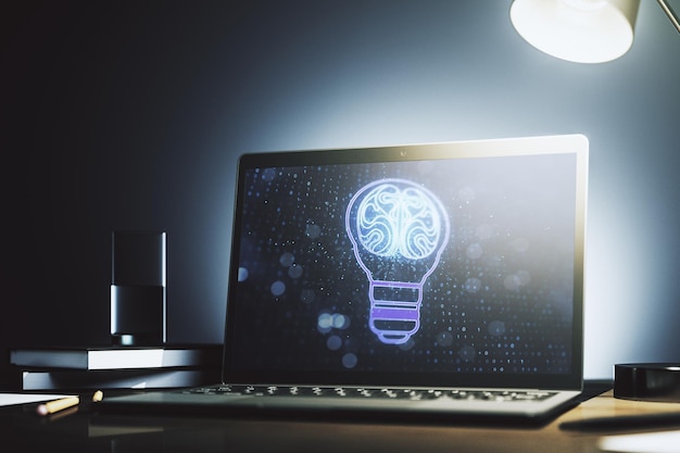 Lampadina creativa con ologramma del cervello umano su monitor laptop moderno Intelligenza artificiale e concetto di reti neurali Rendering 3D