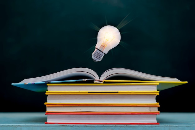 Lampadina di concetto di idea sul libro con la lavagna