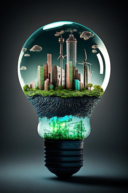 Lampadina e città verde ecologia energia alternativa Generativo Ai