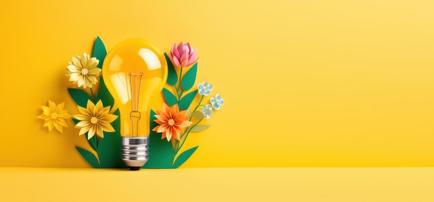 Lampadina ecologica con fiori sfondo giallo Energia rinnovabile e sostenibile IA generativa