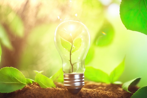 Lampadina ecologica verde a partire da foglie fresche Risparmio energetico ecologia e ambiente ai generativo