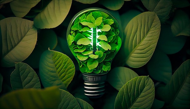 Lampadina ecologica verde da foglie fresche vista dall'alto concetto di energia rinnovabile e vita sostenibile AI generativa