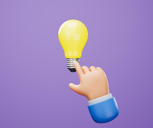 Lampadina illuminata 3d con una mano che punta verso di essa, avere una nuova idea creativa, strategia aziendale c