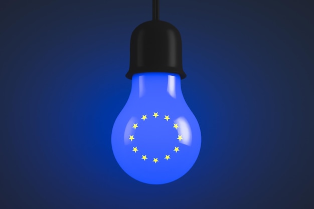 Lampadina incandescente con i simboli dell'Unione europea Argomenti politici