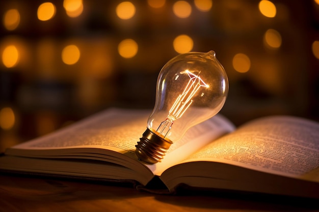 Lampadina incandescente su un libro di testo che illumina tutto Concetto di apprendimento e istruzione