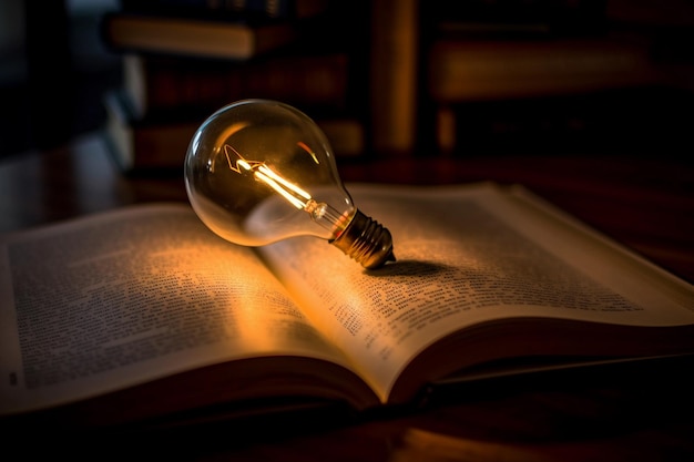 Lampadina incandescente su un libro di testo che illumina tutto Concetto di apprendimento e istruzione