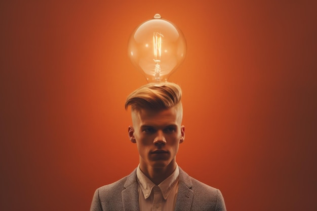 lampadina luminosa che galleggia sopra la testa del giovane uomo scandinavo bella Generative AI AIG32