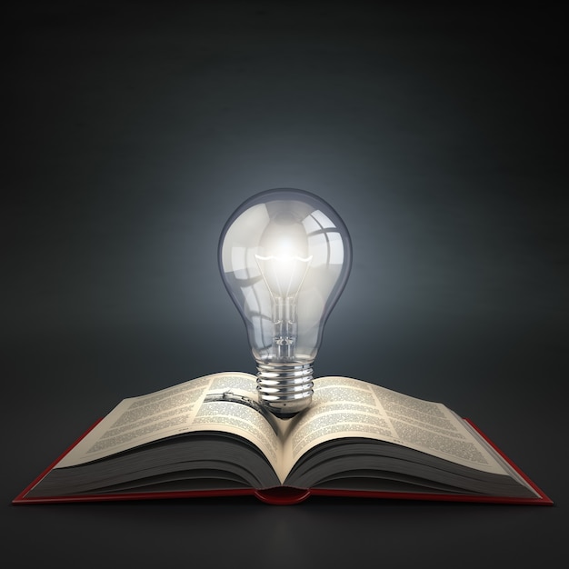 Lampadina luminosa sul libro aperto Idea o concetto di creatività Istruzione 3d